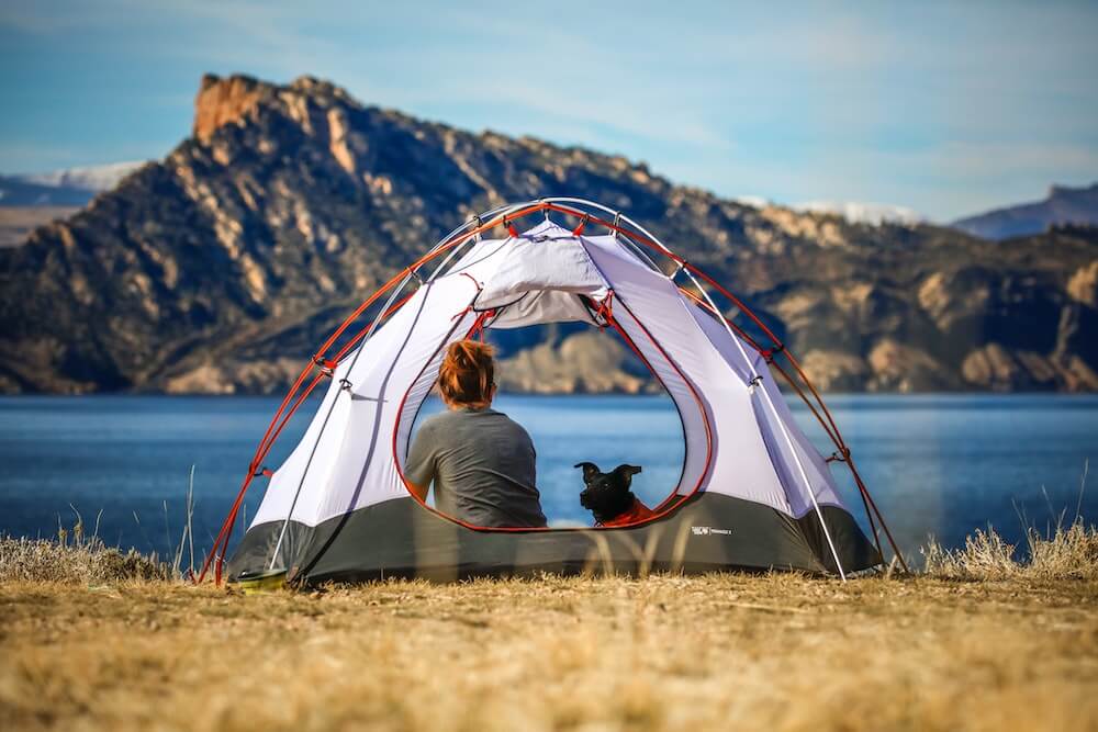 woman camping with dog