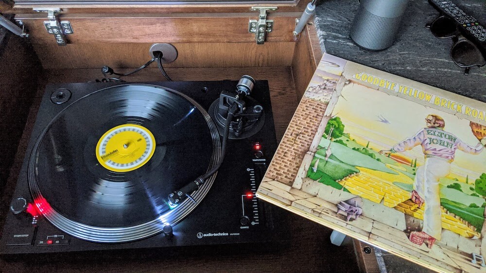 record player and Yellow Brick Road album
