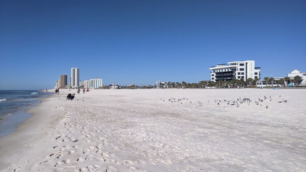 view of beach and condo buildings at Gulf Shores, Alabama
