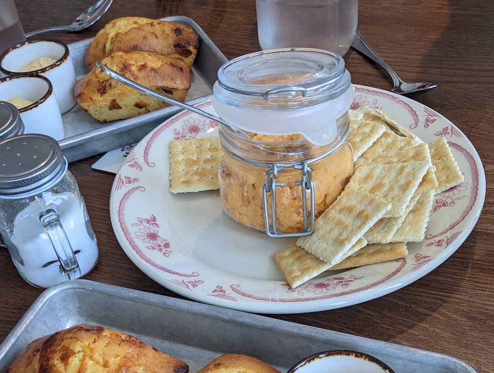 pimento cheese and cornbread at the mason jar