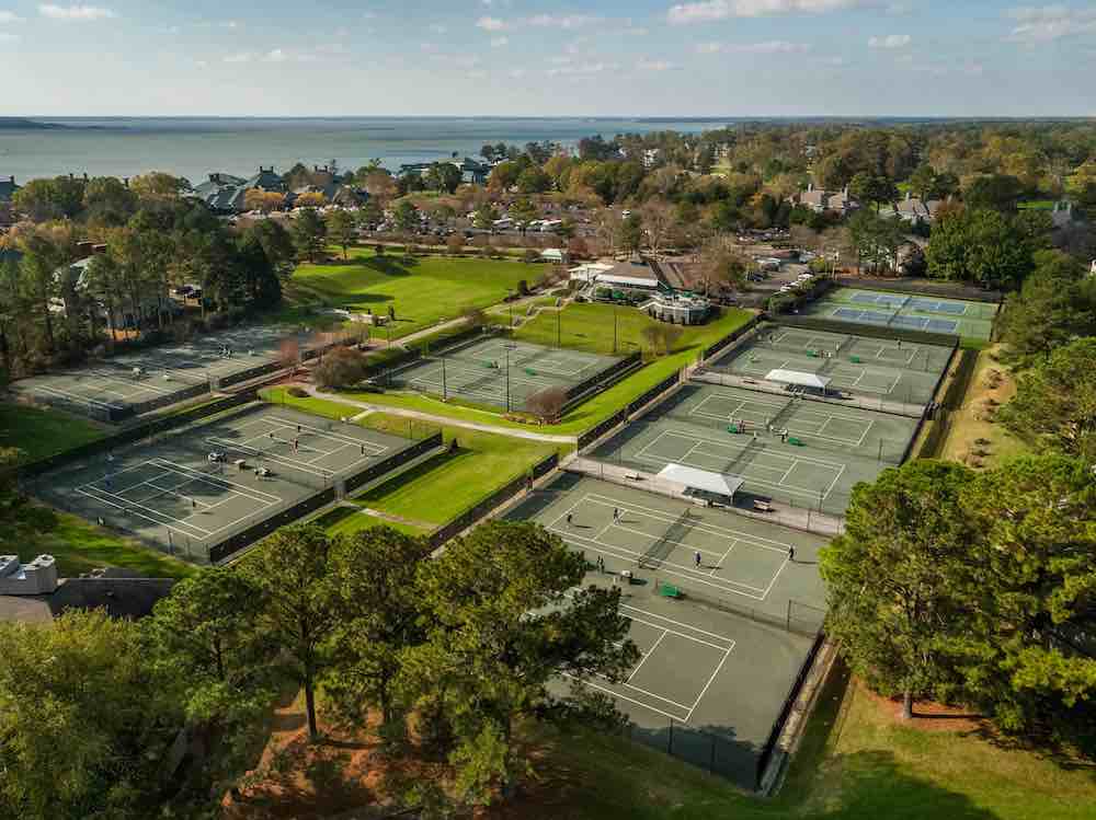 aerial view of tennis courts at kingsmill
