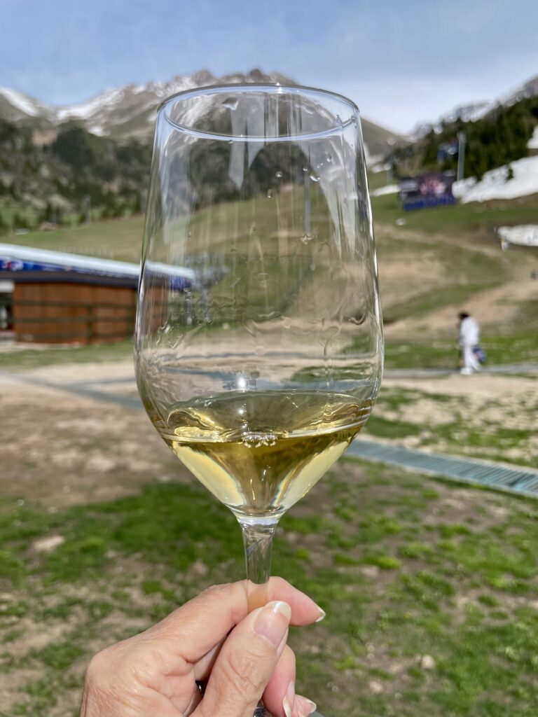 wine glass at Shumbalak ski resort with mountains in the background